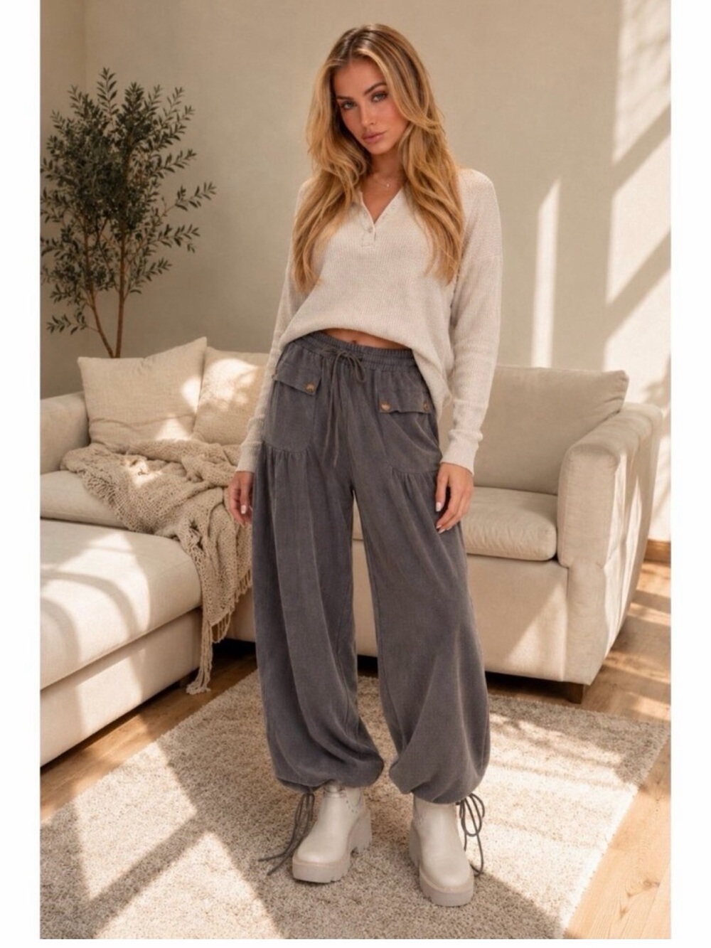Easel Off Duty Mineral Wash in Ash Blue Cargo Jogger Pants - Women